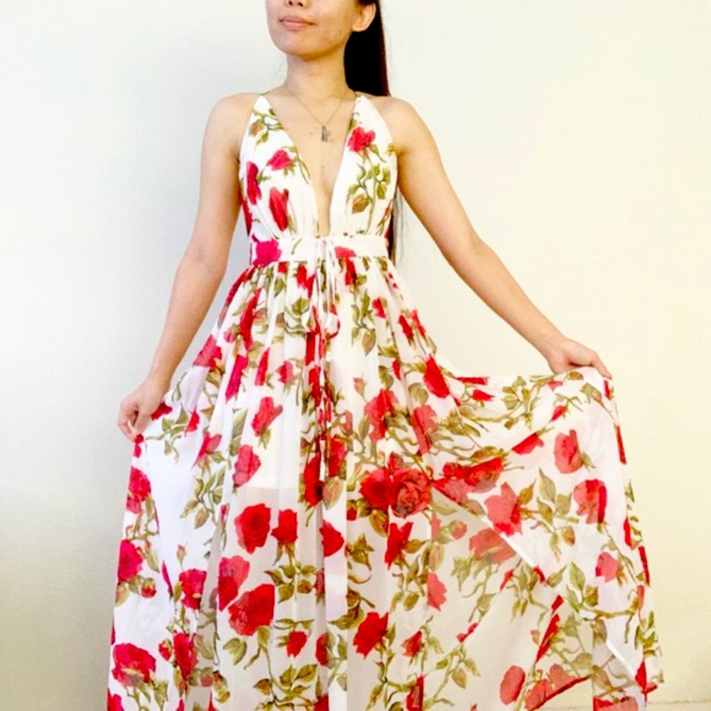 White and red rose maxi dress